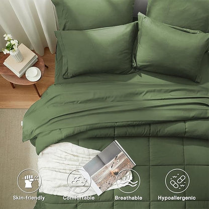 Anluoer King Size Bed in a Bag 7 Pieces, Olive Green Bed Comforter Set with Sheets, All Season Bedding Sets with 1 Comforter,2 Pillow Shams,2 Pillowcases, 1 Flat Sheet, 1 Fitted Sheet