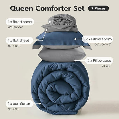Joiedomi Queen Comforter Set with Sheets Navy Blue, 7 Pieces Queen Bed Set with 1 Down Alternative Comforter, 1 Flat Sheet, 1 Fitted Sheet, 2 Pillowcases and 2 Pillow Shams, Bed in a Bag All Seasons