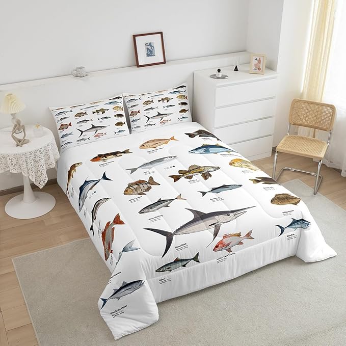 Erosebridal Bass Fish Twin Comforter Set for Boys Girls Farmhouse Fishing and Hunting Theme Bedding Set, Big Pike Fish Pattern Duvet Insert Fishing Lures Hook Quilt Bed Set Rustic Bedroom Decor