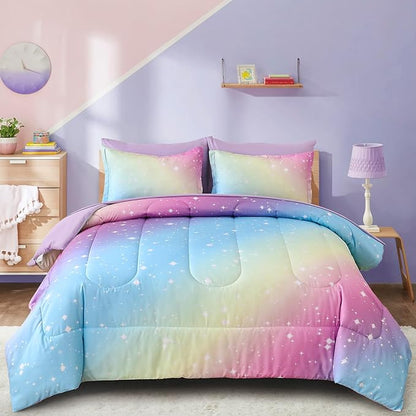 Drucon Rainbow Comforter Set Twin Size for Teen Girl &Boys,6 Pieces Bed in A Bag Blue Blush Rainbow Bedding Set Twin Size(1 Comforter, 1 Flat Sheet, 1 Fitted Sheet, 1 Pillow sham, 2 Pillowcases)