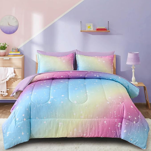 Drucon Rainbow Comforter Set Queen Size for Teen Girl &Boys,7 Pieces Bed in A Bag Blue Blush Rainbow Bedding Set Queen Size(1 Comforter, 1 Flat Sheet, 1 Fitted Sheet, 2 Pillow sham, 2 Pillowcases)