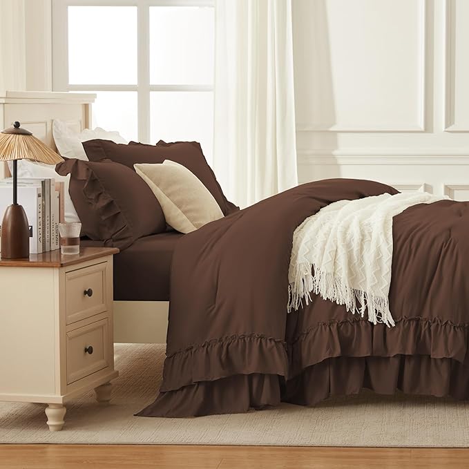 Andency Brown Oversized King Comforter Set (120x98Inch), 3 Pieces Ruffle Comforter Set with 2 Pillowcases, Farmhouse Shabby Chic Lightweight Fluffy Soft Microfiber All Season Bed Set