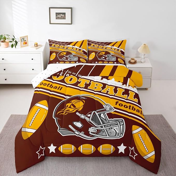 Feelyou Football Bedding Set Boys Girls Twin Size Rugby Sports Comforter Set Football City Duvet Women Men Gray Brown Yellow Decor