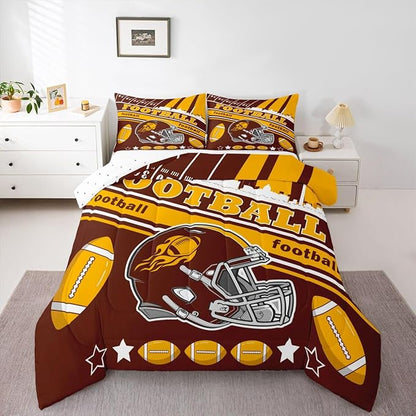 Feelyou Football Bedding Set Boys Girls Full Size Rugby Sports Comforter Set Football City Duvet Women Men Gray Brown Yellow Decor