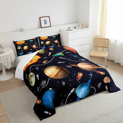 Erosebridal Solar System Comforter Set Queen,Astronomy Planets Bedding Set All Season for Kids Boys Girls,Outer Space Theme Down Comforter Warm,Rocket Starry Sky Quilted Duvet with 2 Pillowcases