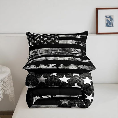 Erosebridal Twin Bedding Sets for Boys Black Gray Camo American Flag Comforter for Teenage Geometric US Stripes Stars Bed Sets,Militarily Army Camo Duvet Insert with 1 Pillowcases Lightweight