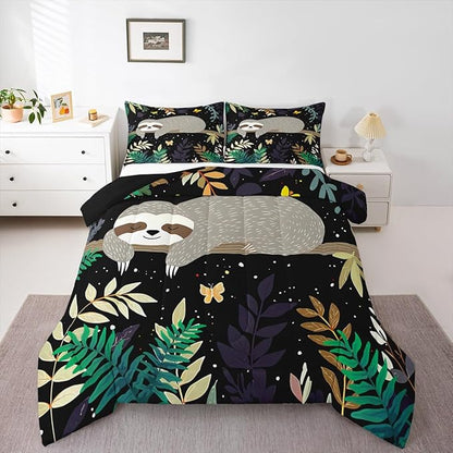 Feelyou Sloth Comforter Cute Sloth Bedding Set Toddler Size for Kids Boys Girls Galaxy Butterfly Comforter Set Botanical Leaves Inner Fill Duvet Set 1 Comforter Set with 1 Pillowcase