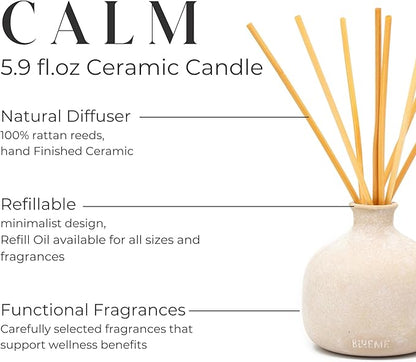Blueme Calm Diffuser | Osmanthus & Sandalwood | 5.92 Fl Oz - Refillable Wellness Diffuser, Contains Essential Oil, Sustainable, Hand Finished, Premium, Luxury Ceramic, Natural Rattan Reeds, | Small