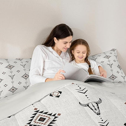 Erosebridal Western Aztec Comforter Set Queen Size, Boho Farmhouse Bedding Set for Kids Boys Teens Ethnic Southwest Bull Skull Cow Quilt American Native Southwestern Duvet Insert Bedroom Decor