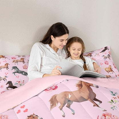 Erosebridal Horse Comforter Set King for Cowboy Cowgirl,Pink Rose Petal Bedding Set for Youth Adult,Rustic Horse Quilt for Bedroom Decor,Western Farmhouse Wildlife Down Comforter with 2 Pillowcases