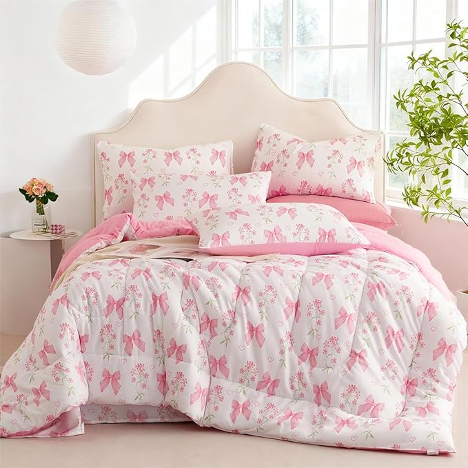 Pink Bow Comforter Set Queen 3Pcs Pink Floral Bedding Set for Girls Kids Romantic Princess Style Bowknot Bedding Ultra Soft Reversible Garden Flower Comforter Sets with 2 Pillowcases