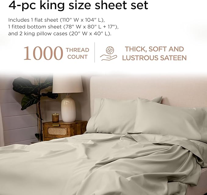 Threadmill Supima King Size Sheets, 1000 Thread Count, 4 Piece American Luxury Bed Sheets for King Mattress, 5 Star Hotel Quality Cotton Sheets with Elasticized Extra Deep Pocket, Taupe