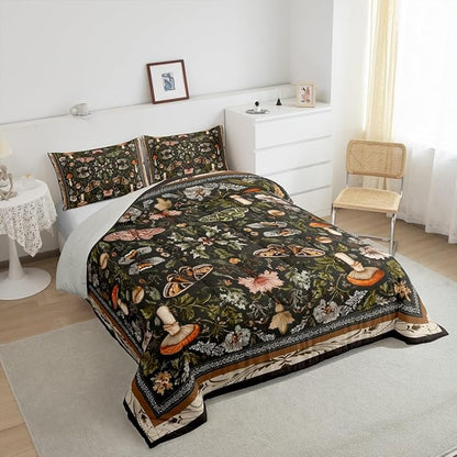 Erosebridal Boys Gothic Moth Black Comforter Set Queen, Boho Mushroom Bedding Set Butterfly Vintage Floral Comforter, Retro Leaf Wild Mushroom Quilt with 2 Pillowcases for Kids Teens Women Men