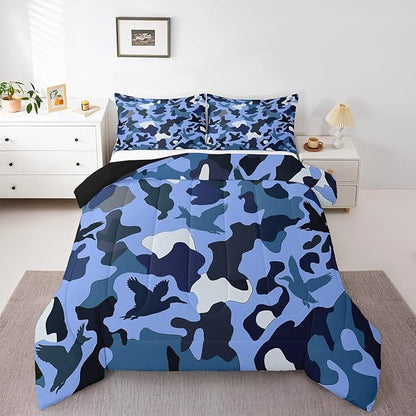 Erosebridal Camo Comforter Set Toddler Size Duck Hunter Bedding for Kids Boys Men Army Camouflage Hunting Bedding Comforter Sets Vintage Blue Black Room Decor Wild Animal Duck Rustic Duvet Insert