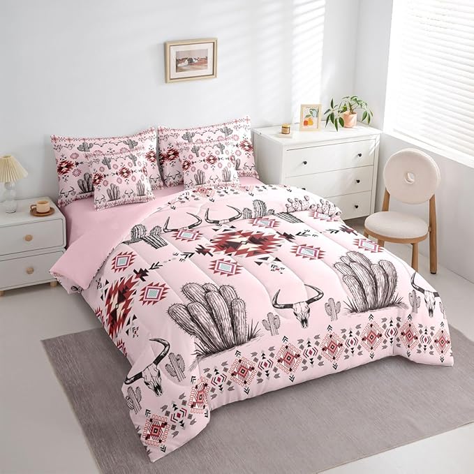 Erosebridal Pink Southwestern Full Comforter Set with Sheets 7 Piece Western Aztec Bed in A Bag Country Geometric Vintage Bedding Sets for Women Adults Rustic Cactus Bull Skull Boho Tribal Bed Set