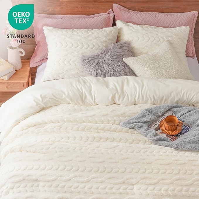 PHF Fluffy Sherpa Fleece Queen Comforter Set, 3 Pieces Warm Fuzzy Soft Bedding for Winter, 3D Tufted Flannel Plush Shaggy Bed Set, 1 Comforter (90"x90") and 2 Pillowcases (20"x26"), Cream