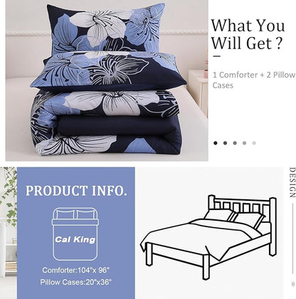 Menghomeus California King Comforter Set Navy Blue Floral Bedding Comforter Sets - Soft Microfiber Bed Set for All Season 3 Piece Botanical Flowers Comforter, Pillowcases