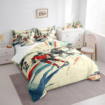 Erosebridal Ice Hockey Bed in A Bag Twin | Competitive Games Athletic 7 Piece Comforter Set Sports Theme Puck Player Sheet Set Teamwork Sports Game Fitted Sheet Breathable Lightweight