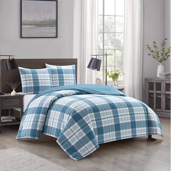 Dearfoams Super Soft 100% Cotton Comforter Set, Blue Plaid, King