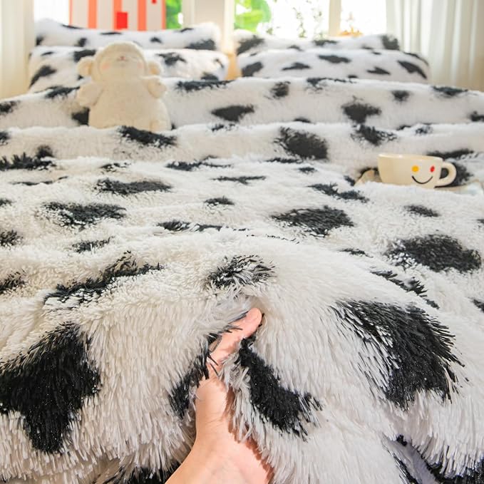 chovy Faux Fur Plush Tie-Dyed Cow Print Comforter Sets Twin/Full Size - Ultra Soft Shaggy Flannel Velvet Fluffy Fuzzy 3PC Bedding Set （Comforter x 1 Pillowcases x 2）