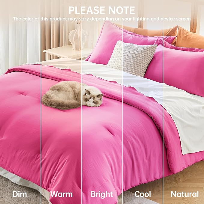 MUXHOMO King Size Comforter Set, All Season Ultra Soft Down Alternative Bedding - 3 Piece Lightweight Bed Set Includes 1 Comforter (104"x90") and 2 Pillow Shams (20"x36"), Hot Pink