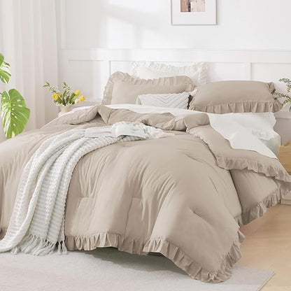 Andency California King Comforter Set Khaki (104x96Inch), 3 Pieces Cal King Ruffle Comforter, Oversized Farmhouse Shabby Chic Bed Comforter, Lighteweight and Soft Microfiber Bedding Set