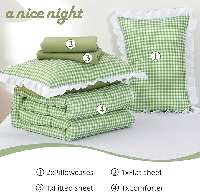 A Nice Night Comforter 5Pcs Full Size,Green Ruffle Comforter for Dorm Room Essentials for Twin Bed,Plaid Checkered Chic Bedding Bed in a Bag for Girls