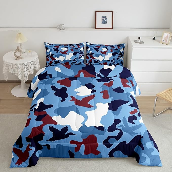 Erosebridal Duck Camo Comforter Set King Size Camouflage Bedding for Kids Hunting Farmhouse Camping Comforter Vintage Navy Blue Room Decor Wild Duck Rustic Animal Duvet Set