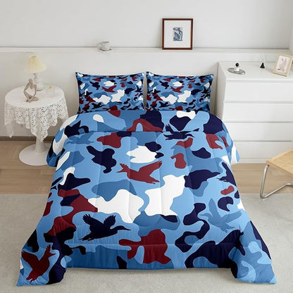 Erosebridal Duck Camo Comforter Set King Size Camouflage Bedding for Kids Hunting Farmhouse Camping Comforter Vintage Navy Blue Room Decor Wild Duck Rustic Animal Duvet Set