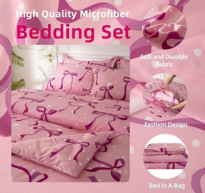 SDY 7PCS Full Size Pink Bow Comforter & Sheet Set - Cute Room Decor Bedding for Girls, Includes 1 Comforter, 1 Flat& Fitted Sheet, 2 Pillowcases & 2 Pillow Shams, Cozy Adorable Pick for Girls’ Bedroom