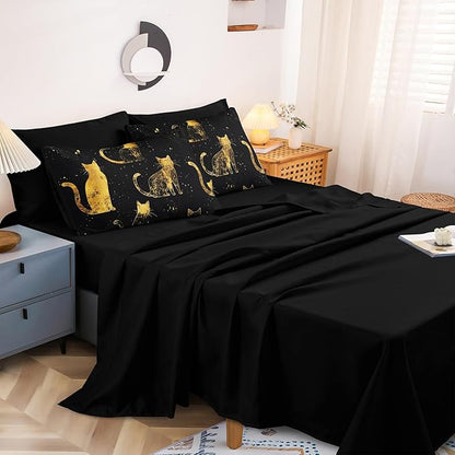 Black Gold Comforter Queen Gold Cat Bedding Set Black Kitty Animal Pattern Super Soft Cozy Girls Boys Pet Theme Cute Bed in A Bag with Comforter and Sheet Set