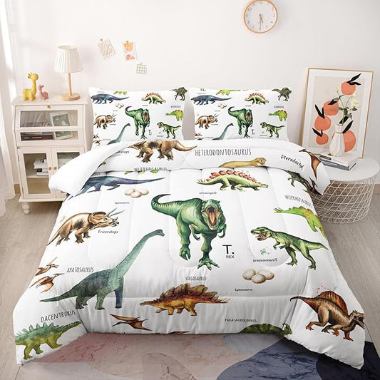 Dinosaur Comforter Set for Kids Teens and Adults Full Size，Dinosaur Printed Quilt Set for Bedroom Soft Microfiber All Season Print Quilt Set with 1 Comforter and 2 Pillow Case