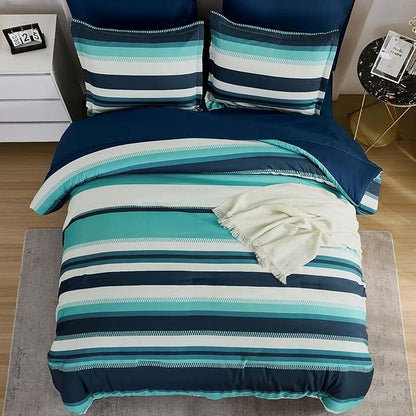 WONGS BEDDING Queen Comforter Set, Teal Comforter Set Queen, 7 Pieces Striped Bed in a Bag, Soft Micorfiber Bedding Set with Comforter, Flat Sheet, Fitted Sheet, Pillow Shams, Pillowcase