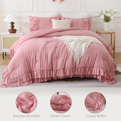 Herside Bean Pink Ruffle Comforter Set King Size,Shabby Chic Boho Bedding Sets, Soft Fluffy Comforters Sets for All Season,Vintage Ruffled 3 Pcs Microfiber Lightweight Quilt Set for Women Girls