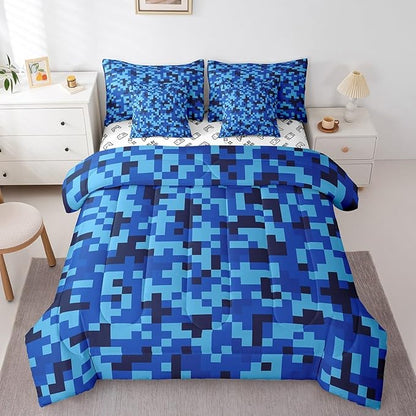 Navy Blue Camouflage 7Pcs Comforter Set Queen Size,Geometric Checked Bedding Set for Kids Boys Teens Men Room Decor,Pixelated Miner Style Fitted Flat Sheet Video Games 2 Throw Pillow,2 Pillowcases