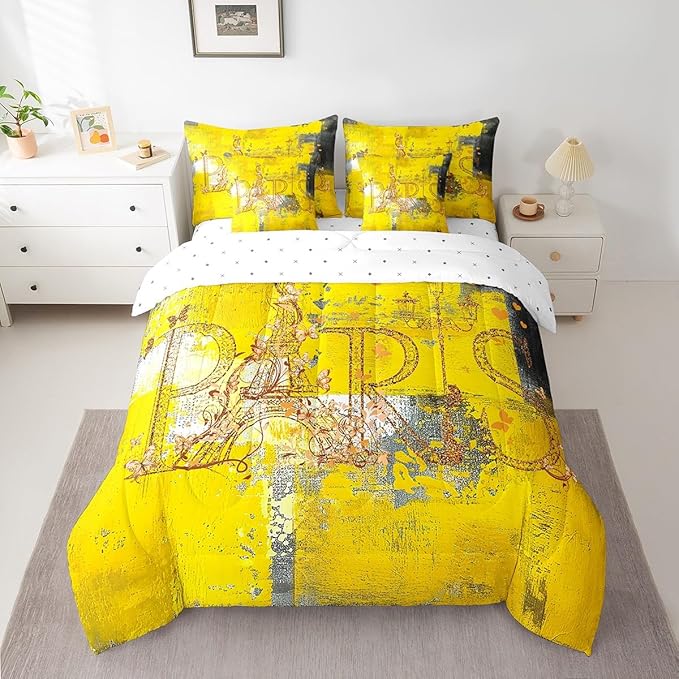 Erosebridal French Paris Full Comforter Set 7pcs Romantic Eiffel Tower Bed in a Bag, Yellow Gradient Bedding Comforter Sets Retro Grunge Bedding Set with Fitted Sheet, Flat Sheet and Pillowcases