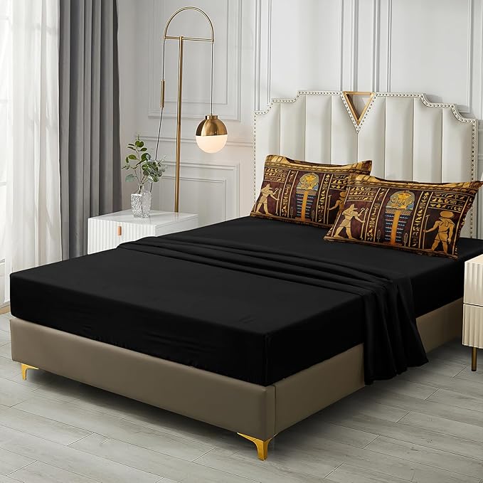 Ancient Egypt Comforter Set Black Gold Bedding Set Pharaoh Tribal Retro Comforter Egypt Cultural Theme Bedroom Decor Boho Exotic Vintage Bedding Queen Bed in A Bag