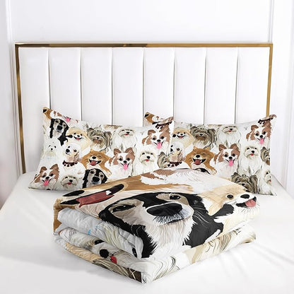 Cartoon Dog Comforter Set Twin Size，Cute Dog Bedding Set for Kids Teens and Adults Soft Microfiber All Season(1 Comforter & 2 Pillowcases)
