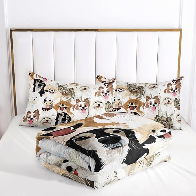 Cartoon Dog Comforter Set Queen，Cute Dog Bedding Set for Kids Teens and Adults Soft Microfiber All Season(1 Comforter & 2 Pillowcases)