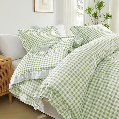 Andency Sage Gingham Ruffle Comforter Cal King(104x96Inch), 3 Pieces(1 Ruffled Comforter and 2 Pillowcases) Solid Farmhouse Shabby Chic Bed, Vintage Rustic Soft Microfiber Bedding Set