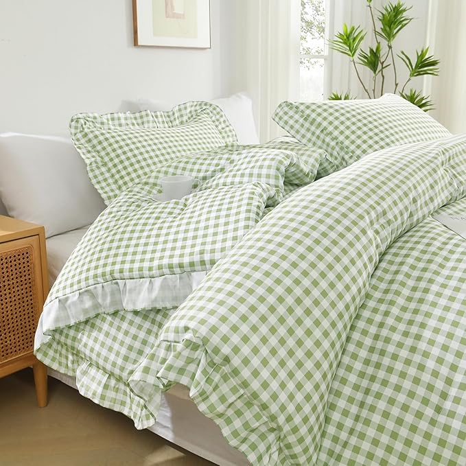Andency Sage Gingham Ruffle Comforter Full (79x90Inch), 3 Pieces(1 Ruffled Comforter and 2 Pillowcases) Solid Farmhouse Shabby Chic Bed, Vintage Rustic Soft Microfiber Bedding Set