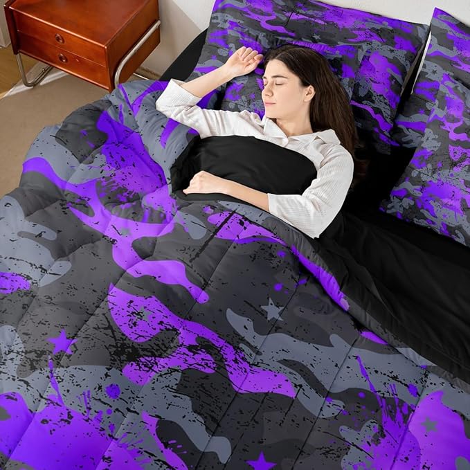 Erosebridal Ombre Camo King Comforter Set Watercolor 7-Piece Bed in A Bag Stars Retro Camouflage Grunge Ink Splash Sheets and Pillowcases Grey Purple Bed Sets