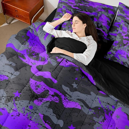 Erosebridal Ombre Camo King Comforter Set Watercolor 7-Piece Bed in A Bag Stars Retro Camouflage Grunge Ink Splash Sheets and Pillowcases Grey Purple Bed Sets