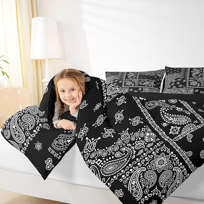 Manfei Paisley Comforter Set Full Size, Boho Style Jacquard Paisley Flower Bedding Set 3pcs, Black and White Floral Print Down Comforter, Kids Teens Women Room Decor, 2 Pillowcases, No Sheets