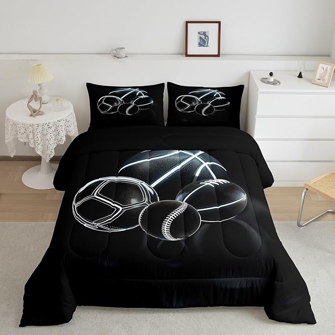 Feelyou Football Comforter Set King Size Basketball Comforter for Boys Girls Teens Rugby Sports Bedding Set Ball Game Duvet Set Room Decor Earth Black Mixed Ball Quilt Set