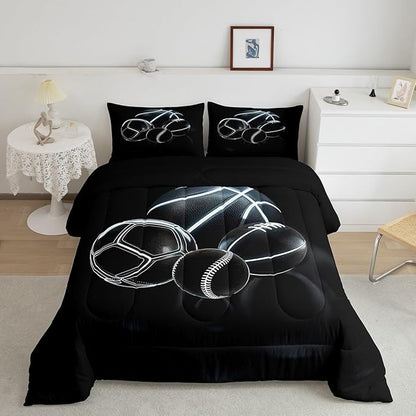 Feelyou Football Comforter Set Full Size Basketball Comforter for Boys Girls Teens Rugby Sports Bedding Set Ball Game Duvet Set Room Decor Earth Black Mixed Ball Quilt Set