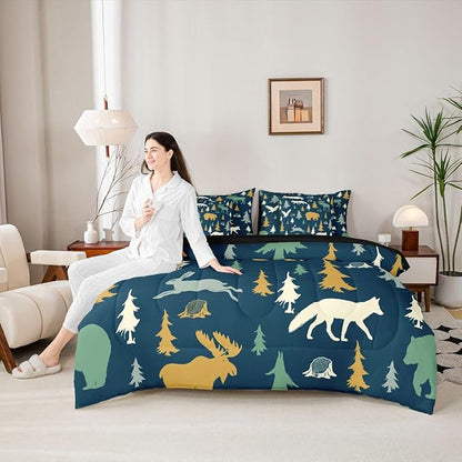 Feelyou Bear Comforter Set Full Size 7 Pcs Woodland Fox Deer Comforter Bed in a Bag Cabin Lodge Farmhouse Bedding Set for Boys Girls Rustic Wild Animal Bed Set with Sheets, Pillowcases, Pillow Covers