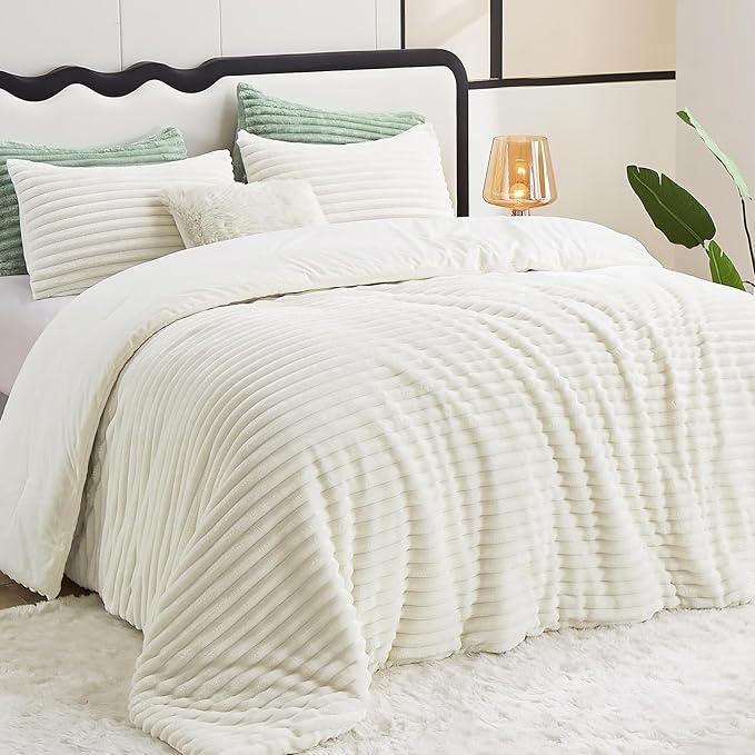 CozyLux Fluffy King Size Comforter Set - Super Soft Faux Fur Cream White Comforter King Size, Winter Warm Fleece Bedding Set, 3 Pieces Plush Fuzzy Bed Set (1 Shaggy Comforter, 2 Pillowcases)