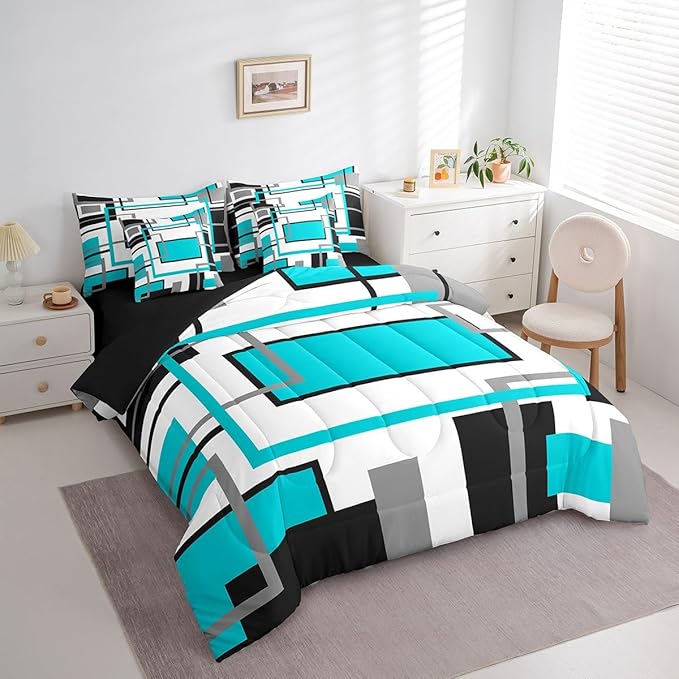 Erosebridal 7Pcs Teal Black White Geometric Abstract Queen Size Comforter Set,Modern Square Striped Bed in A Bag,Boho Bedding,Minimalist Contemporary Art Aesthetic Quilt Set with Pillowcases