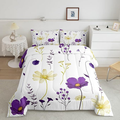 Erosebridal Watercolor Floral Comforter Set Queen Size, Purple Yellow Flower Bedding Set for Teens Adult Women Bedroom, Modern Minimalist White Down Comforter Pastoral Branches Aesthetic Quilt